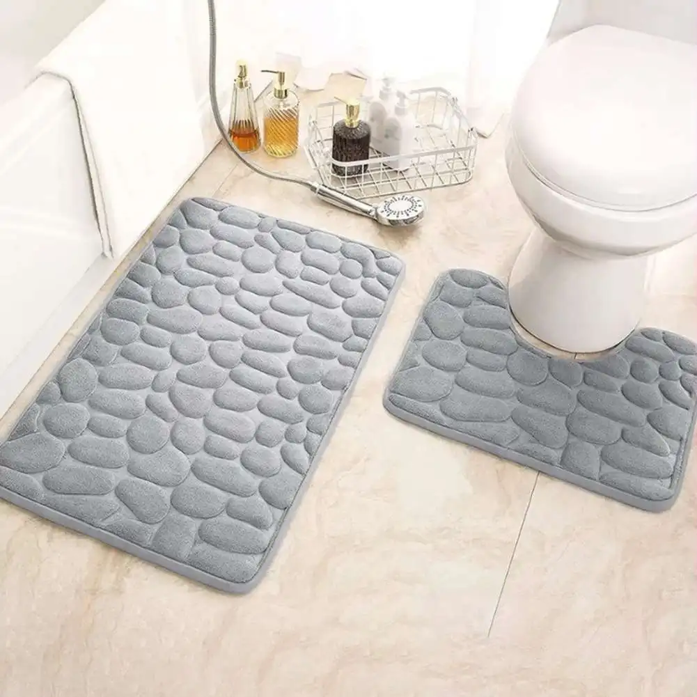 

Soft Memory Foam Bath Mat Set Non Slip Rubber Backing Stone Embossed 2 Piece Bathroom Rugs for Kitchen and Entryway