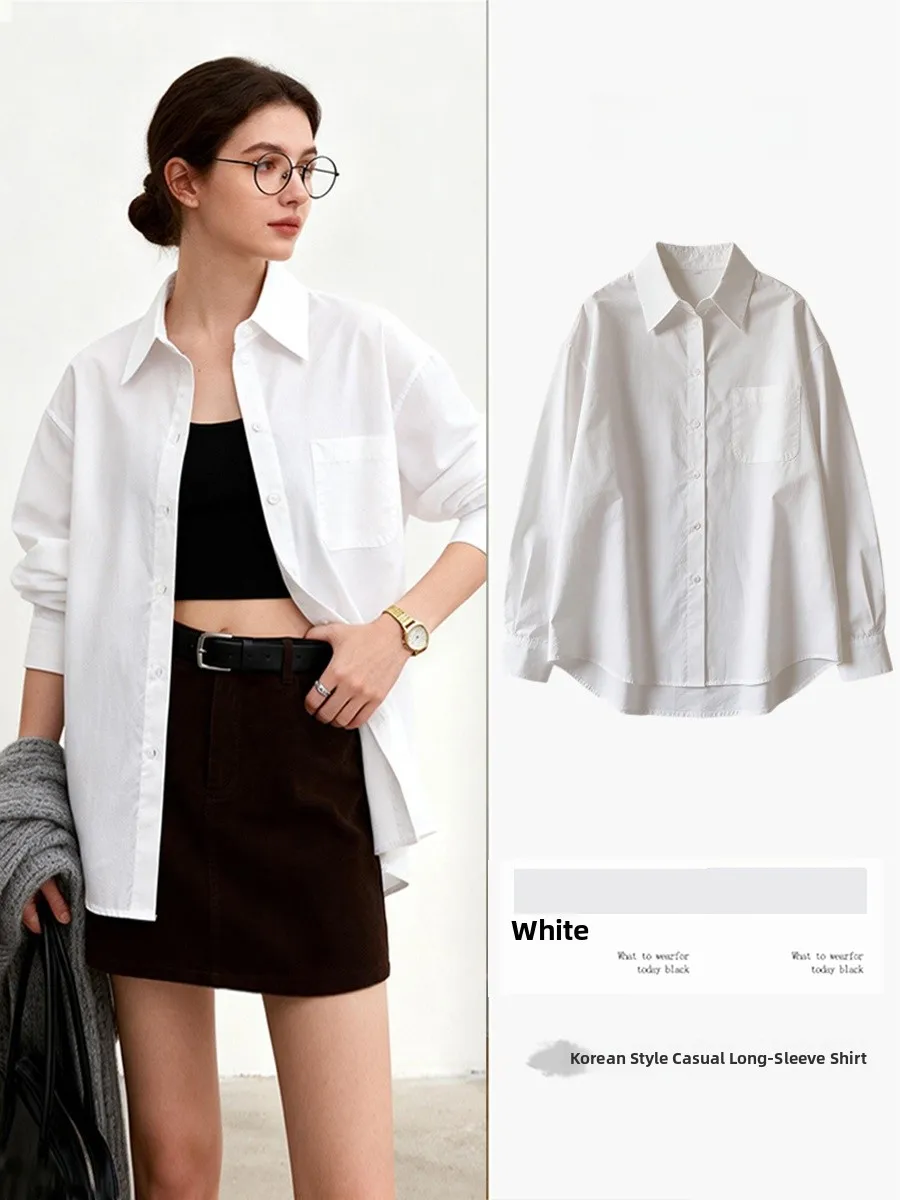 

Loose Long Sve White irt Women's Korean Sle Autumn Winter New Design Sensation Commute Slim Fit Collar Open Cardigan Top