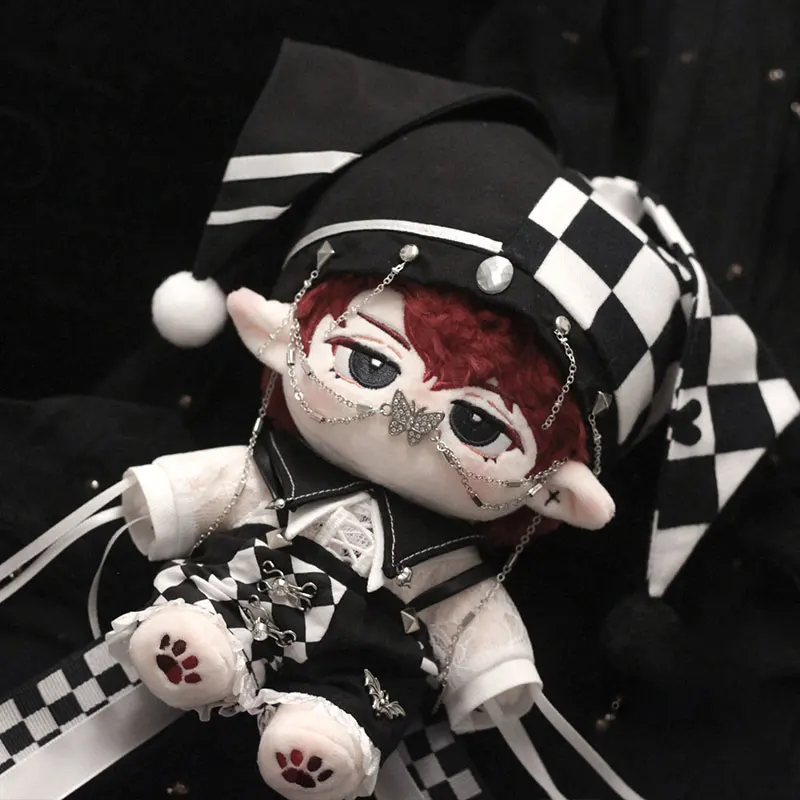 20cm Plush Toy Doll Clothes Fairy Tale Circus Black White Clown Cosplay Costume Clown Hat Black White Checkered Pants Set