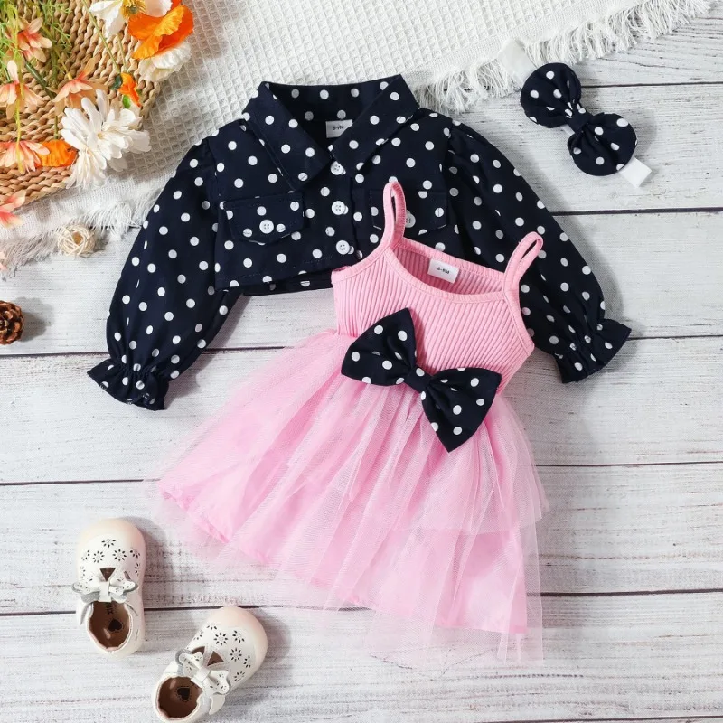 Baby Girls Trendy Polka Dot Lapel Single Breasted Long Sleeved Coat Top Paired with Suspender Bow Dress Headband Three Piece Set