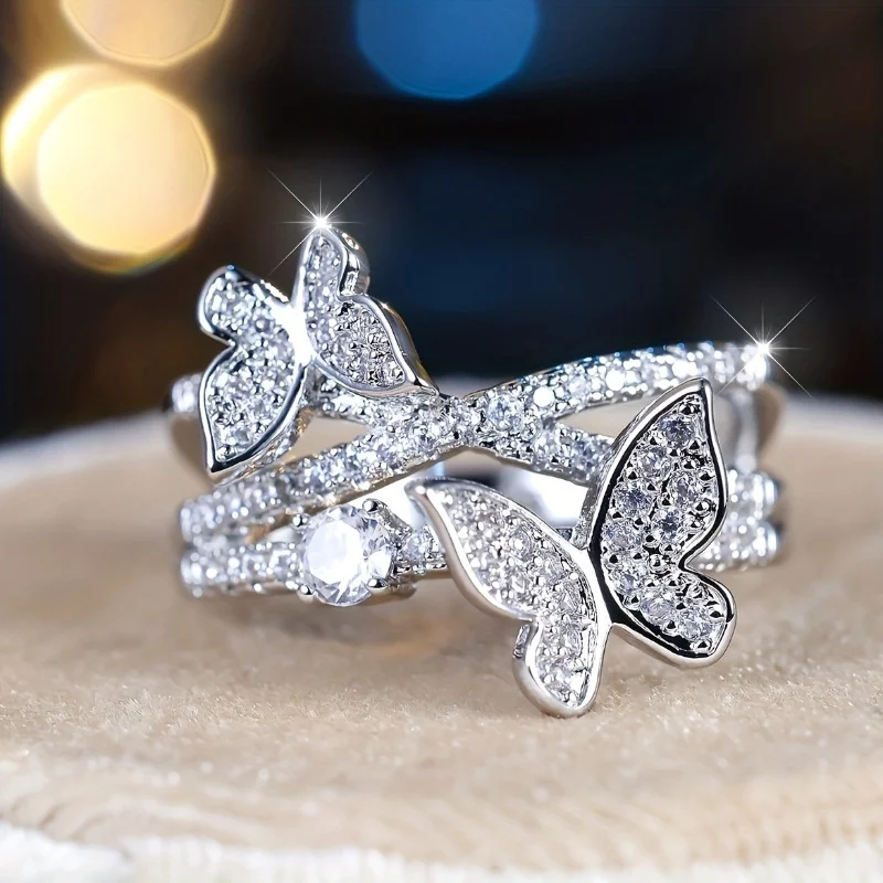 1Pc Luxury Butterfly Cubic Zirconia Ring Couple Ring Daily Exquisite Decoration with Birthday Gifts for Ladies Essential Jewelry Accessories for Girls