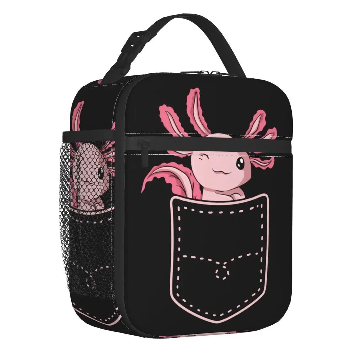 Axolotl no bolso isolado sacos de almoço para mulheres anfíbio exótico animal resuable térmico cooler bento caixa crianças da escola