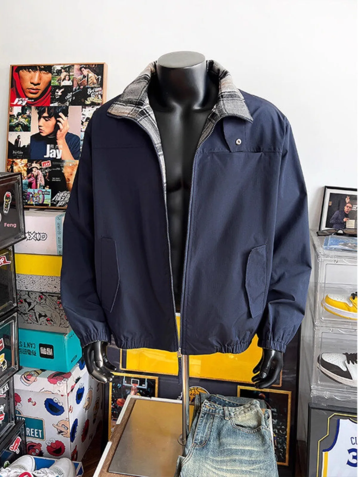 

Двусторонняя куртка-харрингтон в американском стиле, синяя в клетку, мужская, весна-осень, с воротником-стойкой, рабочая одежда