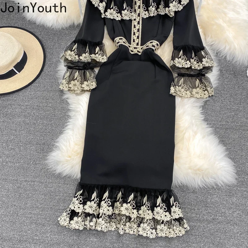 Temperament szata Femme sukienki koreańskie dla kobiet Patchwork z haftem wąska talia Vestido Femme Bodycon falbany sukienka Vintage