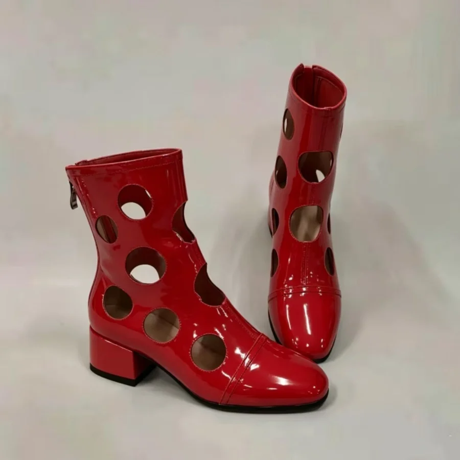 Back Zipper Hollow Out Ankle Boots Breathable Round Cut Out Holes Chunky Block Heel Short Boots for Stage Performance Footwear