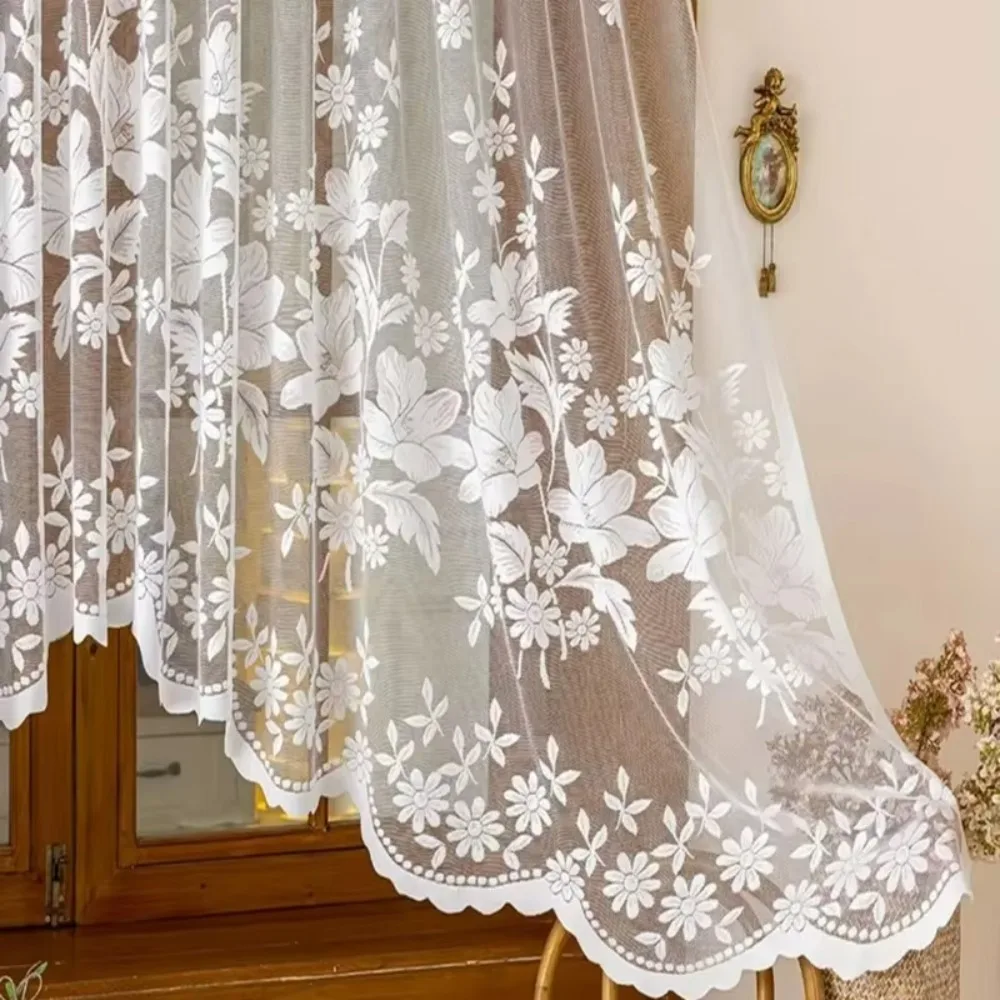 Flower Pattern French Lace Jacquard Curtain Translucent No Drilling Required Kitchen Partition Tulle Through-rod Design