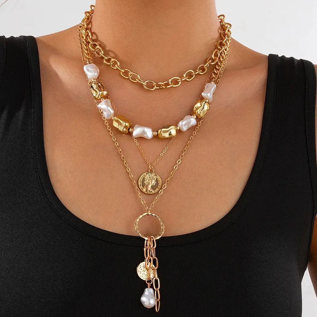 

PuRui Bohemia 4Pcs/Set Irregular Imitation Pearl Gold Color Alloy Necklace Women CCB Copper Clad Iron Chain Jewelry Accessories