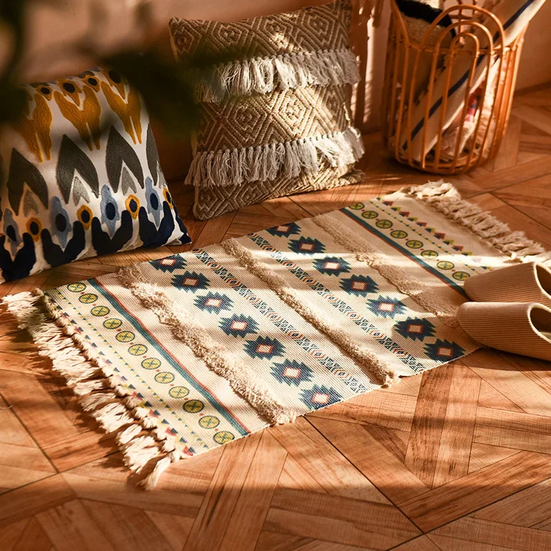 Morocco Retro Style Cotton Linen Carpet with Tassels Washable Rug 60x90cm Balcony Bedroom Decor Cushion Mat Living Room Carpet