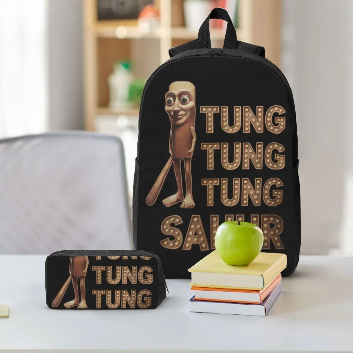 3pecs/set Tung Tung Tung Sahur Ransel untuk Siswa Kembali Ke Sekolah Tas Kanvas Meme Brainrot Italia Tas Makan Siang Kotak Pensil