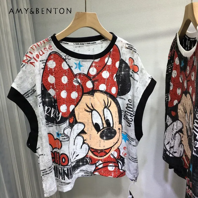 

Heavy Sequin Round Neck T-shirt Pullovers Women's Sweet Cartoon Flying Sleeves Cut Out Slimming Tops Lightweight Summer Tshirts