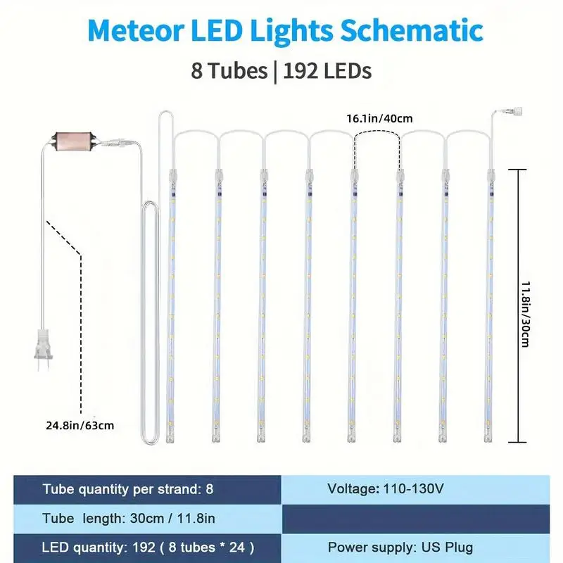 Meteor Shower Lights Waterproof 24 Tube LED Falling Rain Lights for Outdoor Christmas Tree, 1 Set Christmas LED Decoration