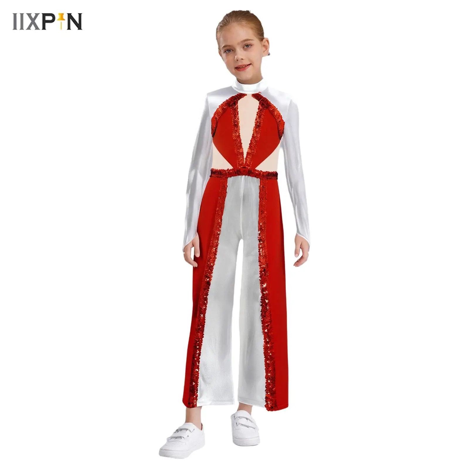 

Kids Girls Liturgical Praise Lyrical Dance Jumpsuit Shiny Sequins Color Block Metallic Long Sleeve Mesh Patchwork Bodysuit Gown