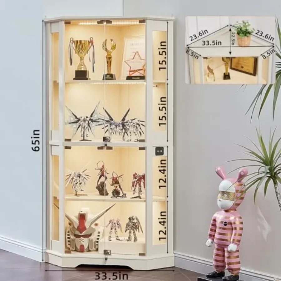Farmhouse Corner Display Cabinet with Lock for Living Room, Solid Wood, White, Adjustable Shelves and Secure Locking Mechanism