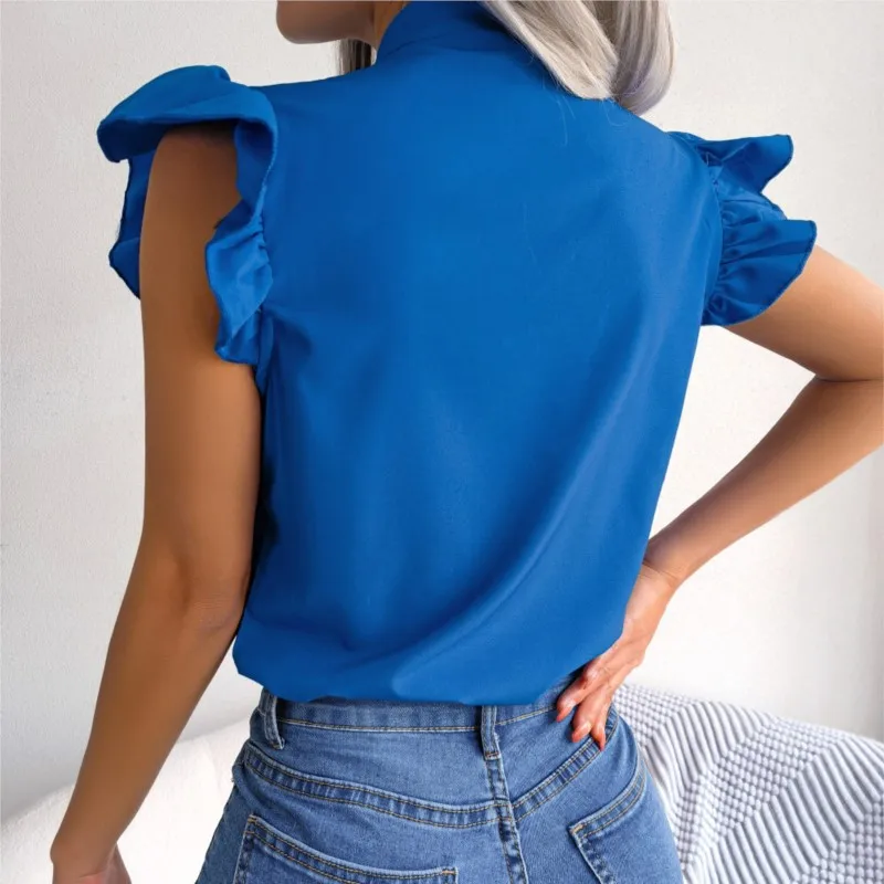 2024 Women Summer Black Ear Strap Bow Chiffon Shirt Office Lady Solid Color Slim Sleeveless Pullover Blouse Tops Femme Blusas