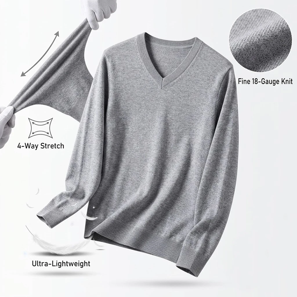 Herbst Herren V-Ausschnitt Strickpullover Slim Fit Langarm Anti-Pilling Pullover Einfarbig Trend Herren Streetwear Luxus Business – Detail 2