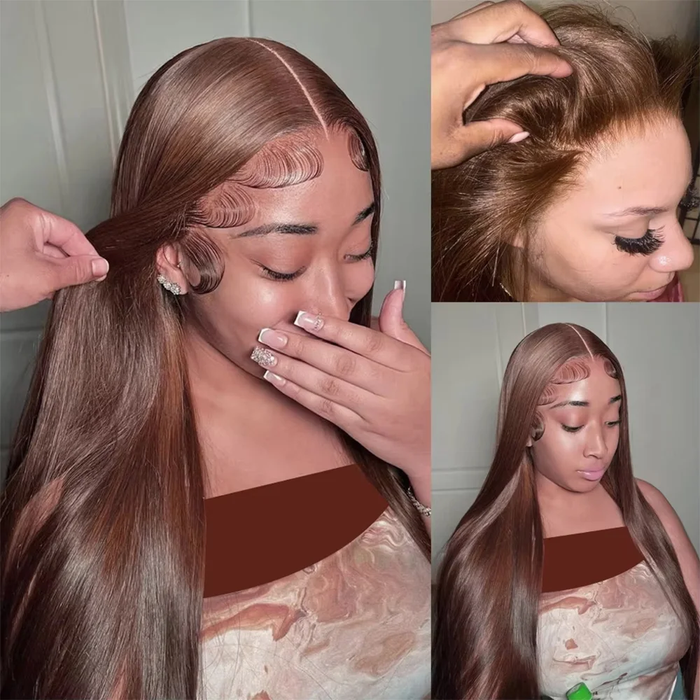 Bone Straight Coklat Coklat 13X4 Renda Depan 100% Wig Rambut Manusia untuk Wanita Preplucked 13x6Hd Wig Frontal Renda Transparan 200%