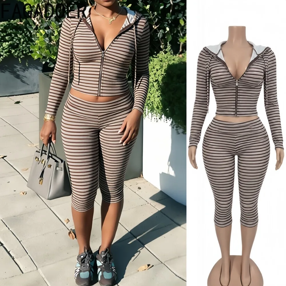 FAGADOER Women Casual 2 Piece Pants Set Long Sleeve Striped Crop Jacket High Waist Skinny Capri Pants