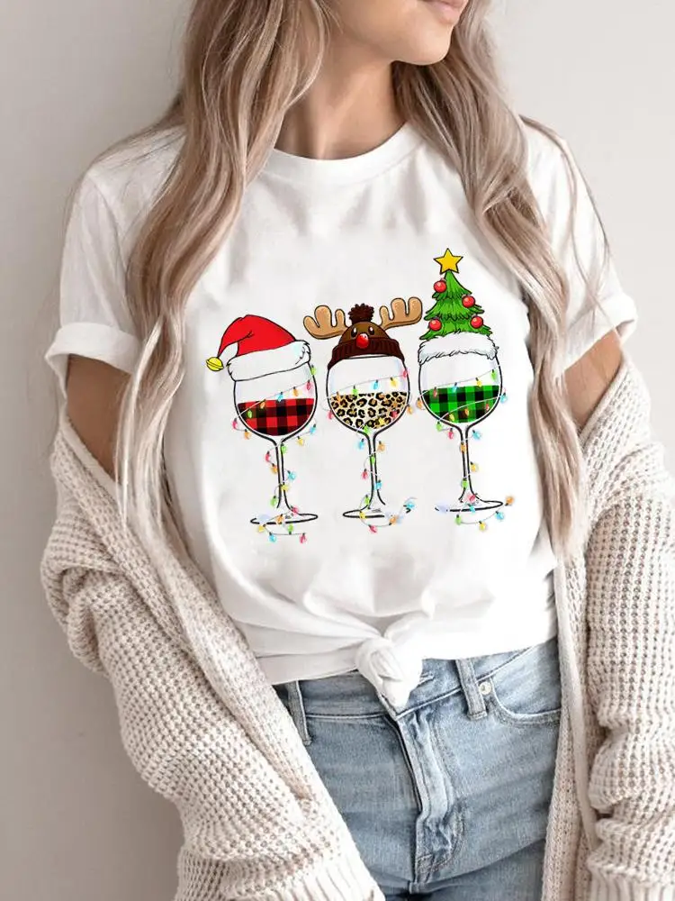 Merry Christmas Women Holiday Shirt Clothing Print T Top Plaid Wine Trend Style Graphic T Tee Fashion 2025New Year T-shirts