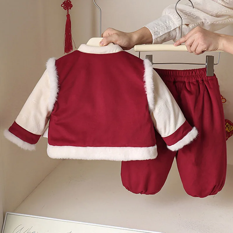 2Piece Winter Newborn Girls Clothes Fashion Chinese Style Embroidery Cute Fleece Warm Red Tops+Pants Baby Clothing Sets B324