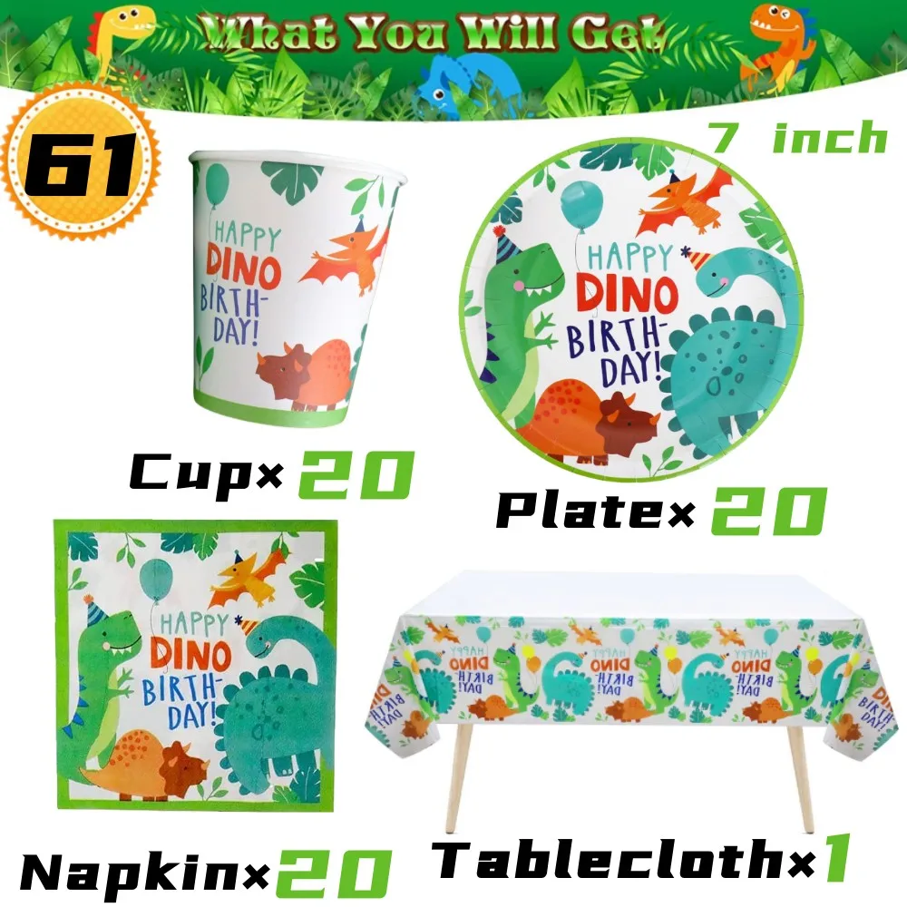 Cartoon Dinosaur Party Decorations Jungle Safari Dino Themed Tableware Balloon Set Baby Shower Kids Boys Birthday Party Supplies
