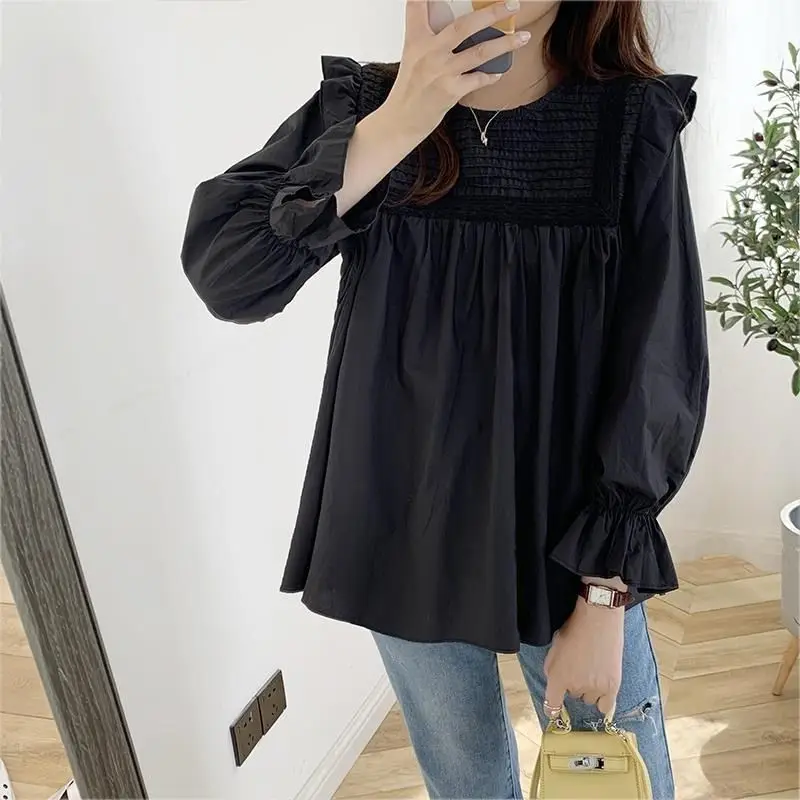 Spring Autumn New Korean Version Ruffled Doll Shirt for Women\'s Loose Slimming Versatile Round Neck Pleated Chic Shirt for Women