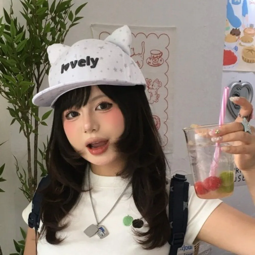 

Модная бейсболка Kawaii с кошачьими ушками, девчачья дышащая бейсболка со звездным узором, регулируемая милая фуражка в стиле аниме для путешествий