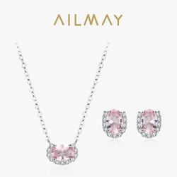 Ailmay 925 Sterling Silver Pink Morganite Earrings Necklace ,For Women Fashion Romantic Engagement Jewelry Set