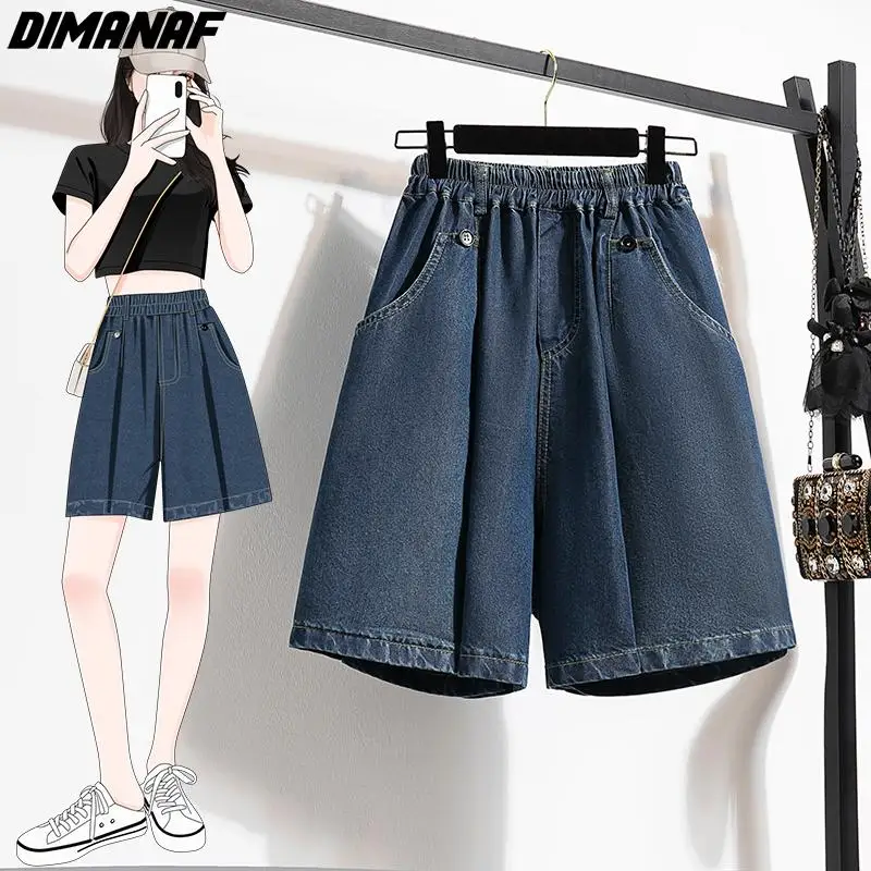 Dimanaf-Shorts jeans femininos grandes, cintura alta, cintura elástica, calça solta, jeans azul básico, plus size, verão, 2024