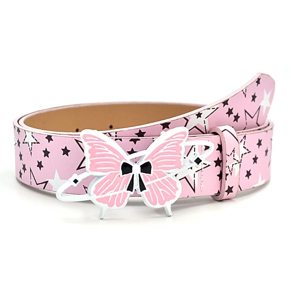 Adjustable Length PU Women Belt Alloy Butterfly Buckle Fashion Belt Y2K Style Star Pattern Waist Strap Daily