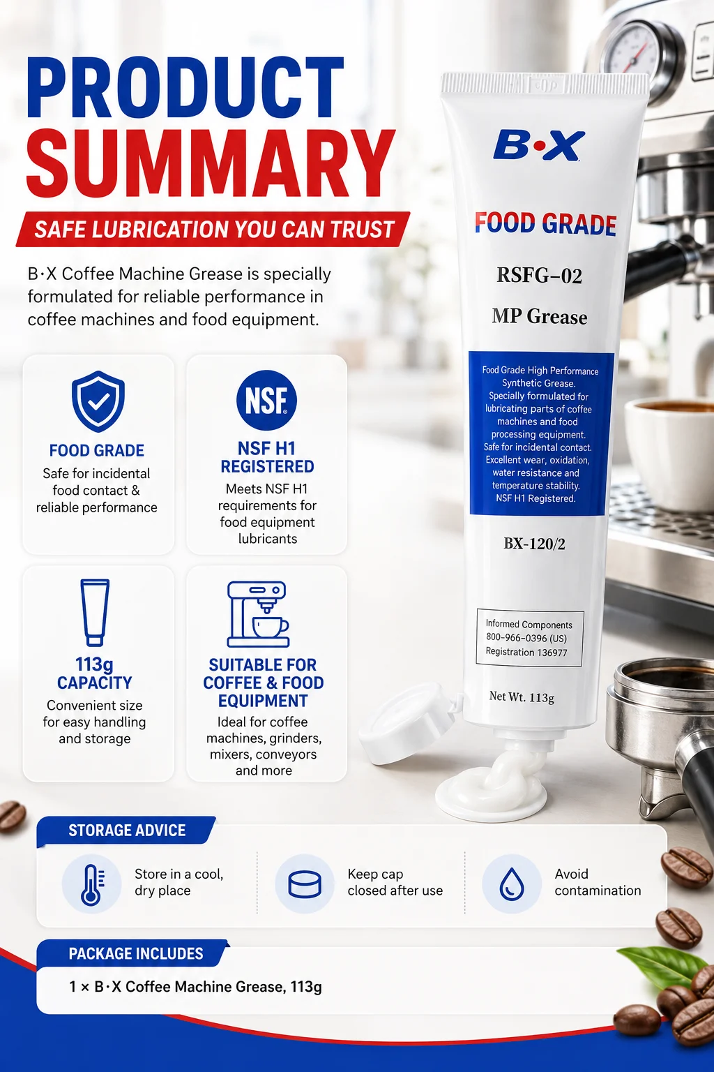 B·X RSFG-02 Kaffeemaschinen-Schmierfett Lebensmittelqualität NSF H1 Schmiermittel für Espresso-Brühgruppe O-Ring Zahnrad 113g – Detail 2