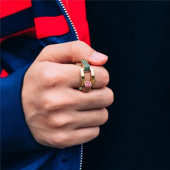 Gold Color Green Blue Red CZ Miami Cuban Link Chain Ring Women Men Rock Hip Hop Fashion Jewelry