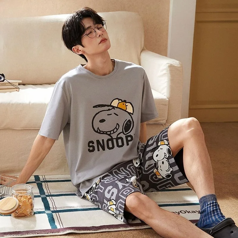 سنوبي الكرتون أنيمي منامة الرجال في الصيف ارتداء قصيرة الأكمام السراويل دعوى القطن الخالص الرجال ملابس المنزل هدية عيد ميلاد بالجملة