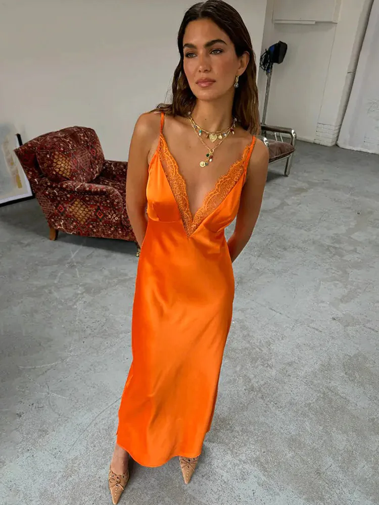 Absobe Damen Sexy Spitze Patchwork Satin Maxi Slip Kleid Tiefer V-Ausschnitt Sexy Rückenfrei Ärmellos Kontrast Schlank Langes Kleid Partywear