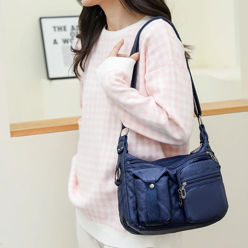 Women Bag Simple Shoulder Bag New Multiple Pockets Middle-aged Women's Bag Soft Washed PU Leather Crossbody Bag Retro Messenger