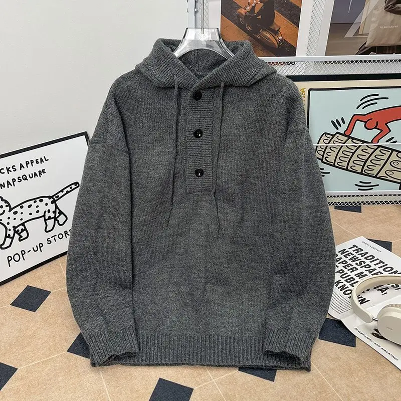 سترة محبوكة فضفاضة للرجال بغطاء للرأس ملونة علوية ملابس شبابية غير رسمية ملابس خارجية شتوية مريحة من البوليستر