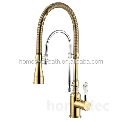 Brass Body Cold and Hot Mixer Spring Royal Brass Gold Kitchen Faucet
