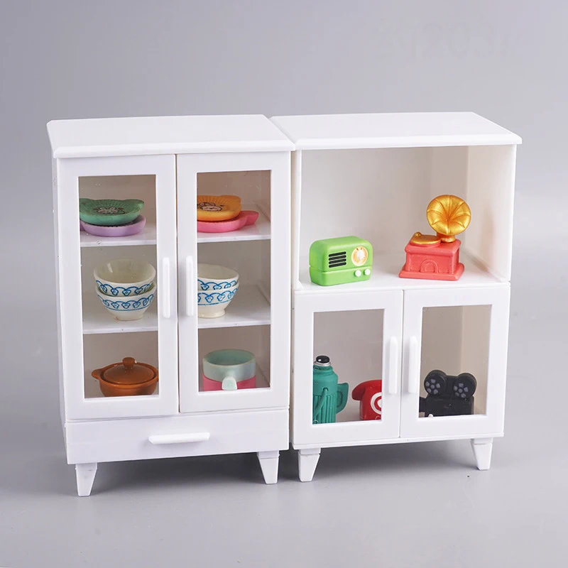 1Set Miniature White Cupboard Display Cabinet Storage Lockers +ornament Furniture Model Decor Toy DollHouse Accessories