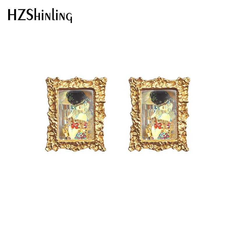 2022 New Gustav Klimt the Kiss Stud Earring Art Painting Square Earrings Retro Art Printed Glass Photo Jewelry