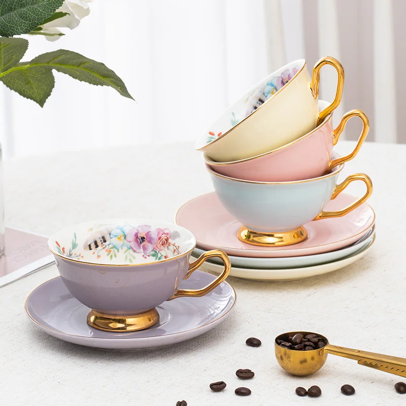

High-Aesthetic Internet-Famous Afternoon Tea Flower Cups Sophisticated Home Ceramic Mug Gold-Rimmed Color-Glazed Coffee Cup