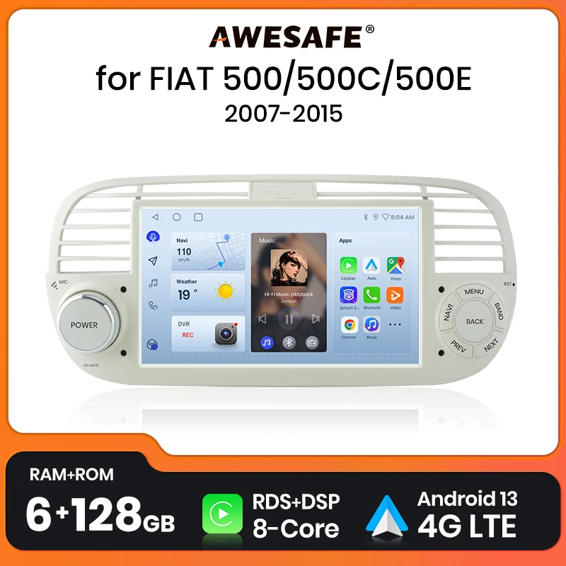 AWESAFE беспроводной CarPlay Android 13 радио для FIAT 500 Abarth 2007 2008 2009-2015 GPS Навигация стерео автомобильные интеллектуальные системы