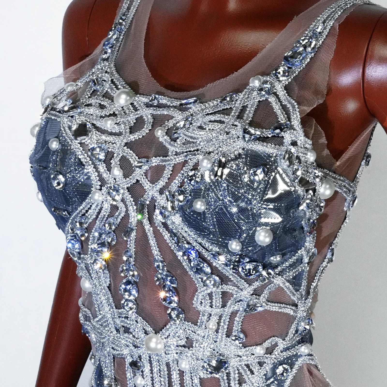 Glitter White Crystal See-through Dresses Drag Queens Costume Pole Dance Wear Gogo Dancer Outfit NightClub Stage Show Birthday