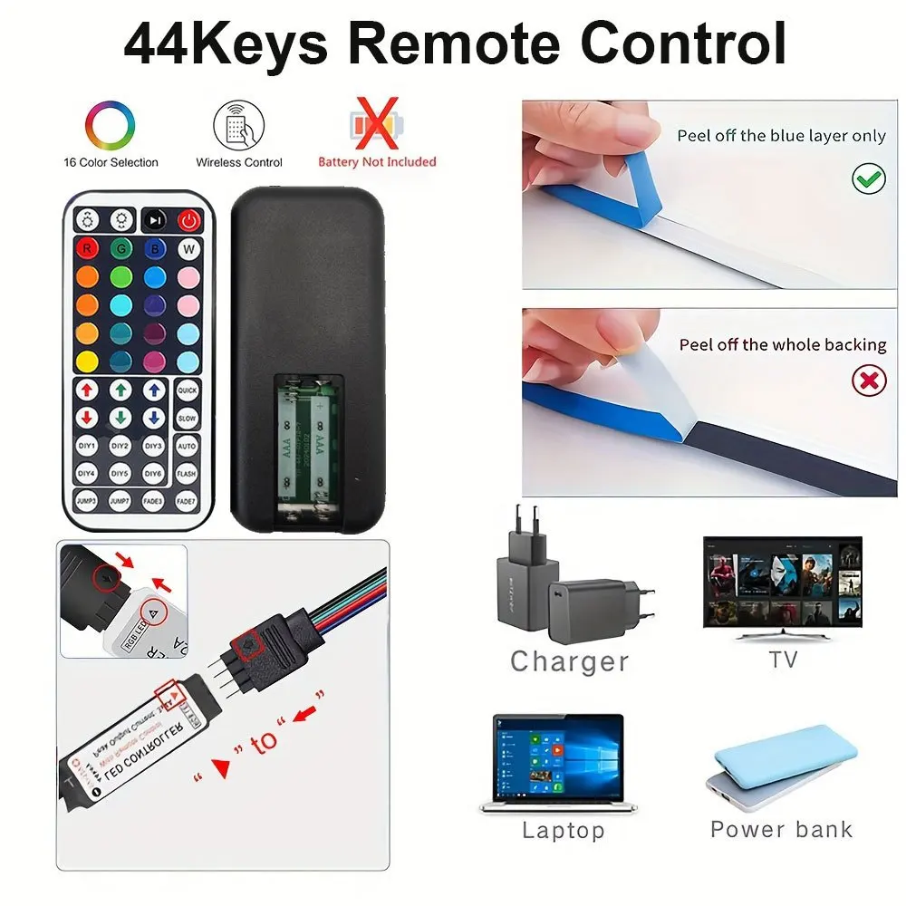 RGB Smart Strip Lights with Smart APP & Remote Control Strip Lights Sync with Music,  44Key Remote APP Timer Mode