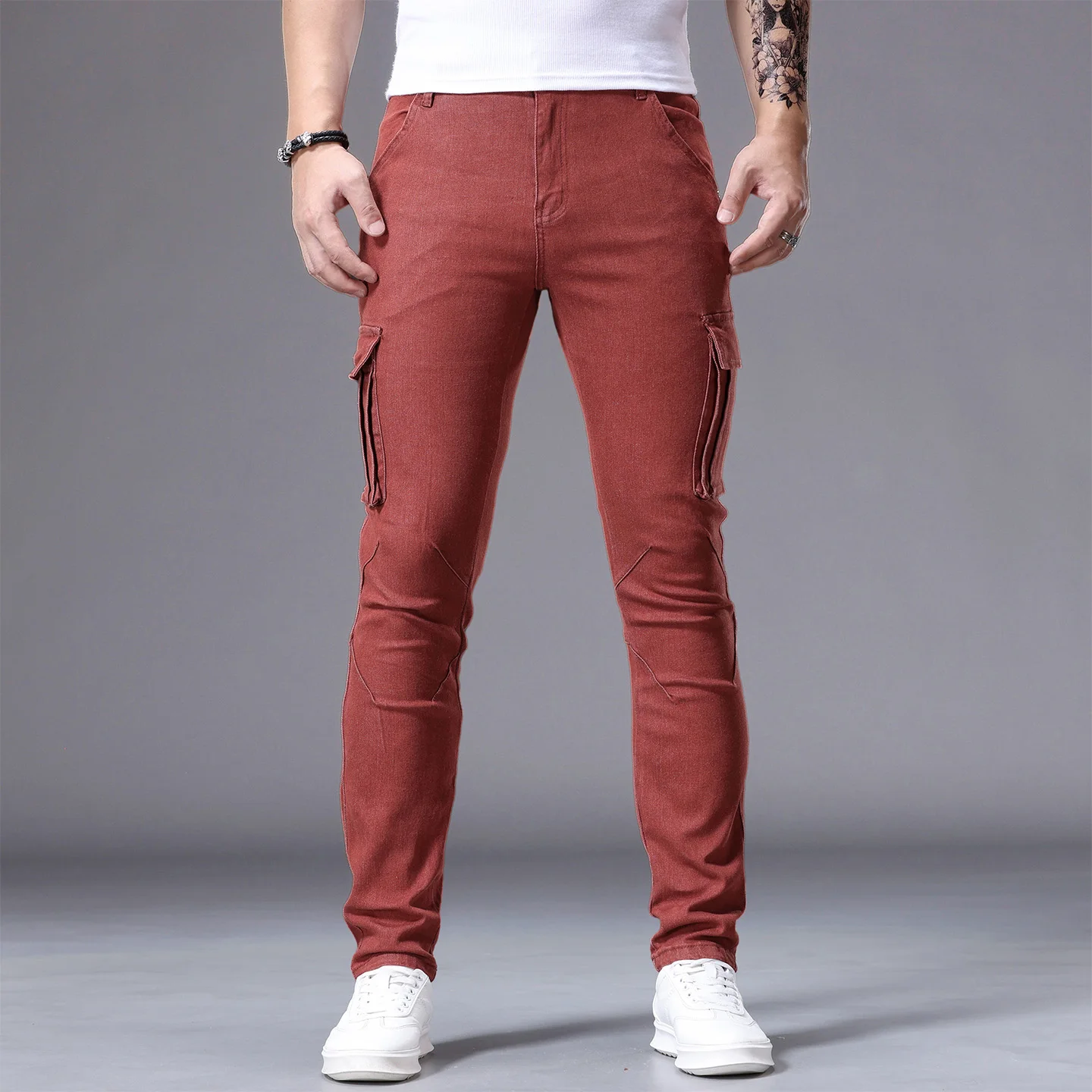 Men's Work Cargo Jeans Solid Color Straight Fit Multi-Pocket Stretch Slim Tapered Denim Durable Breathable Denim Trousers