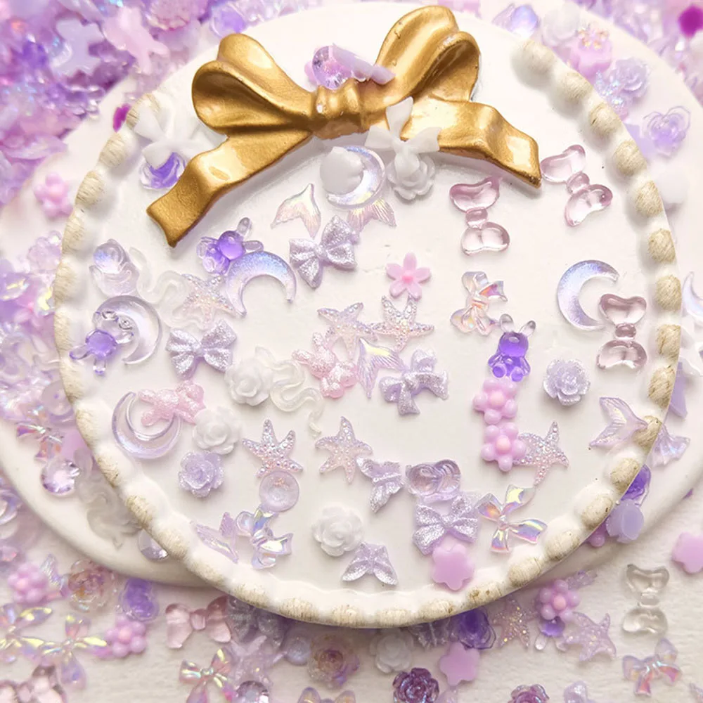 50pcs 3D Resin Nail Charms Butterfly Purple Mixed Shape Flower Moon Bow Design Nail Charm Decoration Manicure Supplies Parts