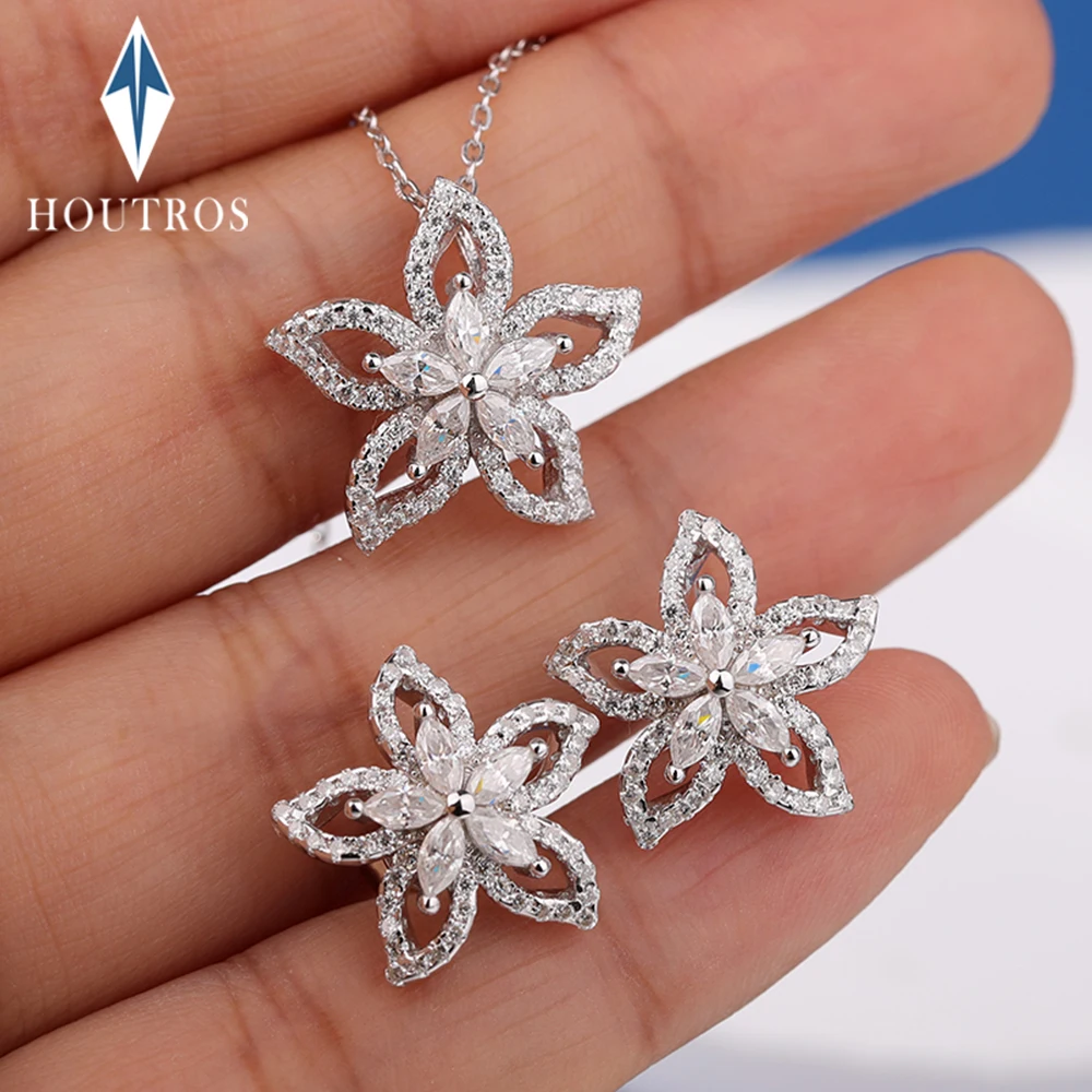 

Flower Shape Full Moissanite Jewelry Set for Women 925 Sterling Silver Round Marquise Cut Diamond Necklace Stud Earrings Jewelry