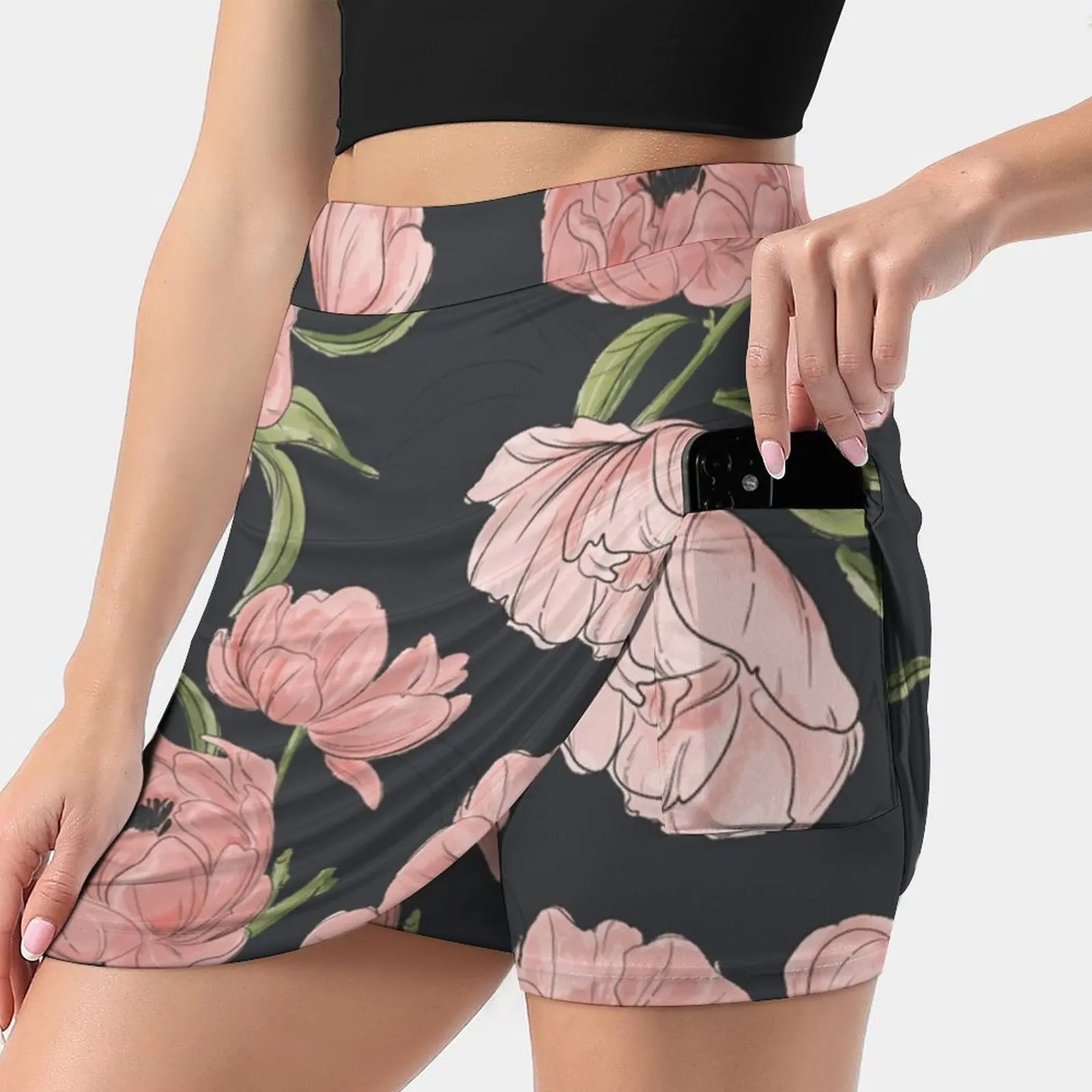 Modern Floral Peony Pattern Women Sports Lining Skirt Tennis Dance Fitness Short Printed Skirts Peony White Black Vector Sketch