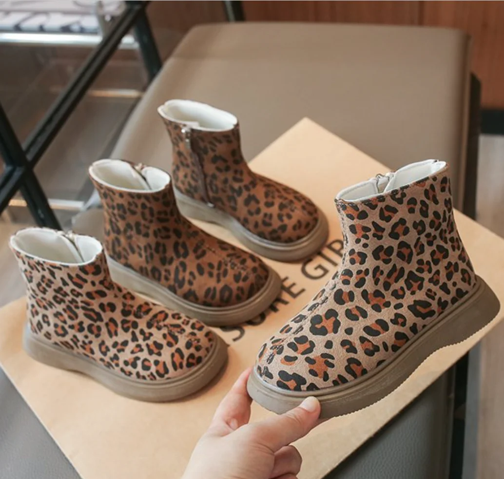 Children's Leopard Print Boots For Autumn Winter Girls Boy Fashion Party Leather Shoes Kids Toddle Side Zip Anti-Slip Short Boot