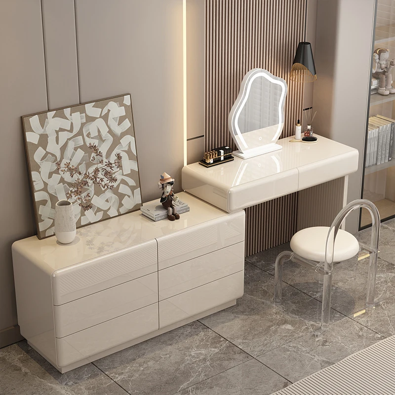 Modern Luxury Full Solid Wood Makeup Vanity with Mirror Foldable Drawer Dressing Table and Bedside Desk Dresser for Bedroom