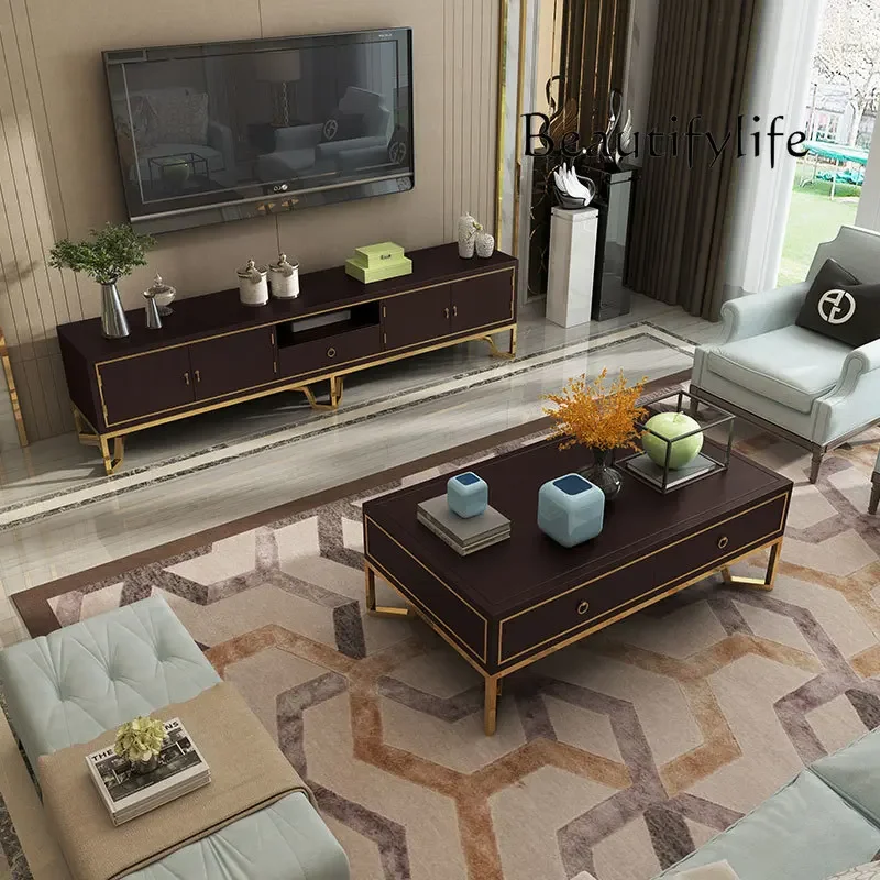 X35 American Light Luxury TV Cabinet Coffee Table Combination Set, Post-modern Simple Large Apartment Solid Wood Edge Cabinet