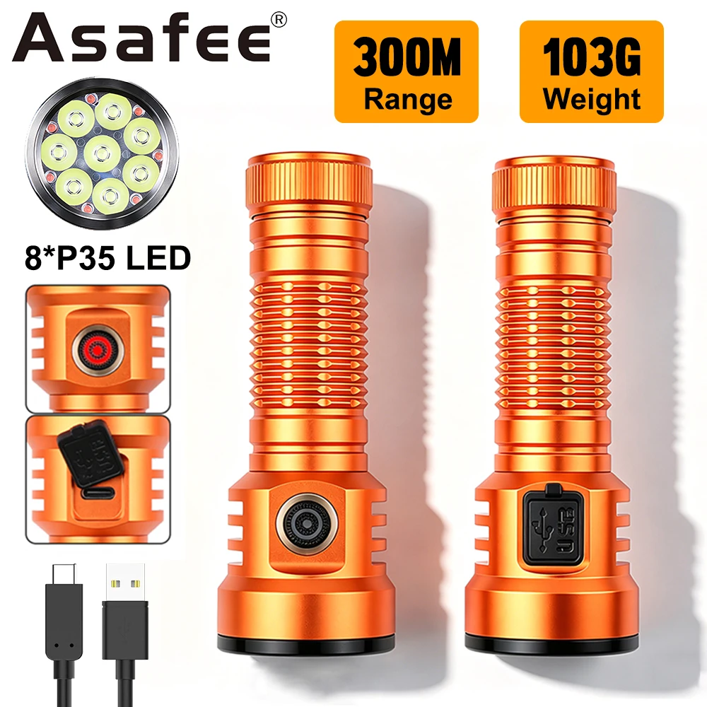 Asafee X40 LED Flashlight  2800LM 8 Bulbs 5 Modes Double Turbo Rechargeable Torch With Clip For Outdoor Work